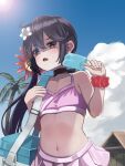  1girl akebono_(kancolle) bare_arms bare_shoulders bell bikini day flower food hair_bell hair_between_eyes hair_flower hair_ornament highres holding holding_food jingle_bell kantai_collection long_hair navel open_mouth palm_tree pink_bikini pink_flower popsicle purple_eyes purple_hair red_scrunchie revision scrunchie side_ponytail solo swimsuit totoraisu tree upper_body wrist_scrunchie 