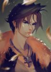  1boy absurdres bangs black_jacket blue_eyes blurry blurry_foreground brown_hair chain_necklace earrings falling_feathers final_fantasy final_fantasy_viii fumezu1 fur_collar highres jacket jewelry looking_at_viewer male_focus necklace parted_bangs scar scar_on_face shirt short_hair single_earring solo squall_leonhart thick_eyebrows upper_body white_shirt 