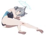  1girl animal_ear_fluff animal_ears ass bangs barefoot black_swimsuit blue_archive blue_eyes breasts cat_ears check_commentary commentary_request competition_swimsuit expressionless extra_ears gesoking grey_hair hair_ornament halo highleg highleg_swimsuit legs looking_at_viewer lying one-piece_swimsuit shiroko_(blue_archive) small_breasts solo swimsuit thighs twintails wet 