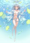  1girl absurdres ahoge arknights barefoot bikini black_eyes black_hair breasts bubble cleavage collarbone food fruit full_body hands_up highres innoarukugyou jacket la_pluma_(arknights) la_pluma_(summer_flowers)_(arknights) lime_(fruit) lime_slice long_sleeves looking_at_viewer medium_breasts narrow_waist official_alternate_costume parted_lips see-through see-through_jacket smile solo swimsuit thigh_gap thigh_strap thighs underwater white_bikini white_jacket 