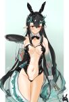  1girl absurdres animal_ears arknights arm_tattoo black_bow black_bowtie black_hair black_leotard blush bow bowtie breasts collar colored_skin cowboy_shot cross_pasties dragon_horns dragon_tail dusk_(arknights) earrings fake_animal_ears flame-tipped_tail green_hair green_skin groin hair_between_eyes heart_maebari highres holding holding_tray horns jewelry leotard lolifreak looking_at_viewer medium_breasts multicolored_hair navel pasties playboy_bunny pointy_ears pussy pussy_peek red_eyes see-through see-through_leotard strapless strapless_leotard streaked_hair sweatdrop tail tassel tassel_earrings tattoo tray v-shaped_eyebrows white_collar white_wrist_cuffs 
