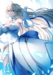  archetype_earth arcueid_brunestud bangs bare_shoulders blonde_hair breasts closed_mouth dress fate/grand_order fate_(series) from_below genyaky gloves hand_up highres large_breasts long_hair looking_at_viewer red_eyes smile solo tsukihime type-moon white_dress white_gloves 