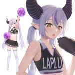  1girl alternate_hairstyle arm_up armpits black_horns bottle clothes_writing fang full_body highres holding holding_bottle holding_pom_poms hololive horns la+_darknesss long_hair looking_at_viewer multicolored_hair open_mouth pointy_ears pom_pom_(cheerleading) purple_hair simple_background solo streaked_hair striped_horns sweat thighhighs twintails very_long_hair virtual_youtuber vziu white_background white_hair white_thighhighs yellow_eyes 