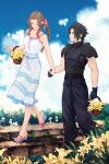  1boy 1girl absurdres aerith_gainsborough armor bare_shoulders basket black_hair blue_eyes blue_sky blush braid braided_ponytail brown_hair cloud cloudy_sky couple crisis_core_final_fantasy_vii dress earrings english_commentary final_fantasy final_fantasy_vii final_fantasy_vii_remake flower flower_basket full_body gloves highres holding holding_basket holding_hands jewelry long_hair looking_at_another maiii_(smaii_i) pink_ribbon ribbon sandals shoulder_armor sky sleeveless sleeveless_dress sleeveless_turtleneck spiked_hair sweater turtleneck turtleneck_sweater walking zack_fair 