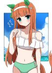  1girl alternate_costume animal_ears bangs blue_eyes blush cloud collarbone commentary_request hair_ornament headband highres himawari_(sunflower7373) horse_ears horse_girl horse_tail navel ocean orange_hair silence_suzuka_(umamusume) sky solo swimsuit tail umamusume 