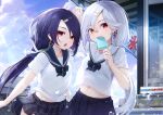  2girls azur_lane bangs bird black_hair blue_skirt blue_sky cassin_(azur_lane) cassin_(shopping_carte_blanche)_(azur_lane) cloud collarbone commentary_request cross cross_earrings day downes_(azur_lane) downes_(part-time_bomber)_(azur_lane) earrings eorx fang hair_ornament hairclip heterochromia highres ice_cream_bar jewelry long_hair looking_at_viewer low_ponytail manjuu_(azur_lane) midriff_peek military military_vehicle mole mole_under_eye multiple_girls navel neck_ribbon official_alternate_costume open_mouth outdoors pleated_skirt red_eyes ribbon sailor_collar school_uniform seagull ship shirt short_sleeves siblings sisters skirt sky stomach sunlight sweat swept_bangs warship watercraft white_hair white_shirt yellow_eyes 