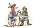  anthro bottomwear clothing duo female hi_res hoodie kangaroo lutrine macropod male mammal marsupial mustelid shorts sophiecabra sportswear topwear 