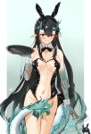  1girl absurdres animal_ears arknights arm_tattoo black_bow black_bowtie black_hair black_leotard blush bow bowtie breasts collar colored_skin cowboy_shot cross_pasties dragon_horns dragon_tail dusk_(arknights) earrings fake_animal_ears flame-tipped_tail green_hair green_skin groin hair_between_eyes highres holding holding_tray horns jewelry leotard lolifreak looking_at_viewer medium_breasts multicolored_hair navel pasties playboy_bunny pointy_ears red_eyes see-through see-through_leotard strapless strapless_leotard streaked_hair sweatdrop tail tail_censor tassel tassel_earrings tattoo tray v-shaped_eyebrows white_collar white_wrist_cuffs 