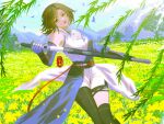  1girl absurdres asymmetrical_legwear asymmetrical_sleeves bird black_hair blue_sky cleavage_cutout closed_mouth clothing_cutout dots expressionless highres holding holding_sword holding_weapon hua_jianghu_zhi_bei_mo_ting ji_ruxue_(hua_jianghu) leaf leaning_back mountain shao_zai_xing_0117 short_hair sky solo sword tower vegetation weapon 