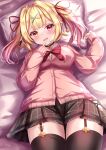  1girl bangs bed_sheet black_skirt blonde_hair blush brown_thighhighs cardigan cowboy_shot finger_to_mouth garter_straps gradient_hair hair_ornament hair_ribbon heterochromia highres hoshikawa_sara long_sleeves lying multicolored_hair nijisanji on_back on_bed open_mouth pillow pink_cardigan pink_hair plaid plaid_skirt pleated_skirt red_eyes red_ribbon ribbon skirt sleeves_past_wrists smile solo thighhighs twintails virtual_youtuber x_hair_ornament yellow_eyes yuano 