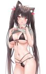  1girl :o ahoge animal_ear_fluff animal_ears bangs bikini black_bikini black_hair breasts cleavage clothes_lift commentary_request fang front-tie_bikini front-tie_top grey_shirt groin hair_between_eyes hair_ribbon highres large_breasts lifted_by_self long_hair looking_at_viewer multi-strapped_bikini navel o-ring o-ring_bikini o-ring_bottom o-ring_top original parted_lips red_eyes red_ribbon ribbon saeki_sora shirt shirt_lift simple_background solo swimsuit twintails very_long_hair white_background 
