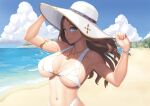  1girl armlet beach bikini blue_eyes blue_sky bracelet breasts brown_hair closed_mouth cloud day fate/grand_order fate_(series) hat highres jewelry large_breasts leonardo_da_vinci_(fate) long_hair looking_at_viewer navel necklace ocean outdoors ranma_(kamenrideroz) sand sky solo summer swimsuit white_bikini white_headwear 