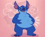  2022 3_toes 4_fingers alien anthro anthrofied belly_tuft biped blue_body blue_claws blue_eyes blue_fur blue_nose chest_tuft claws disney experiment_(lilo_and_stitch) eyebrows featureless_crotch feet fingers flower fur head_tuft holding_belly lilo_and_stitch male notched_ear obese obese_anthro obese_male open_mouth open_smile outline overweight overweight_anthro overweight_male pink_background plant raised_eyebrow simple_background smile solo standing stitch_(lilo_and_stitch) the-b3ing toe_claws toes tuft watermark 