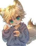  1boy animal_ears blonde_hair blush child fang fox_boy fox_ears fox_tail green_eyes head_tilt looking_at_viewer male_child male_focus open_mouth original short_hair solo tail toron_0812 white_background 