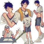  1boy alternate_universe black_hair eeju eyeshadow from_behind gym_uniform hat hat_removed headwear_removed highres holding holding_clothes holding_hat holding_shirt holding_sword holding_weapon makeup male_focus multiple_views one_eye_closed one_piece pen_spinning shirt short_hair short_sleeves shorts sketch smirk solo sword towel towel_around_neck trafalgar_law walking weapon white_shirt wooden_sword yellow_eyes 