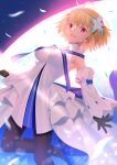  1girl absurdres arcueid_brunestud bangs bare_shoulders black_gloves blonde_hair blue_skirt blush breasts brown_pantyhose cleavage detached_sleeves dress fate/grand_order fate_(series) flower full_moon gloves hair_flower hair_ornament highres large_breasts long_skirt looking_at_viewer mishiro_(ixtlolton) moon multicolored_clothes multicolored_skirt night night_sky open_mouth pantyhose red_eyes short_hair skirt sky smile thighs tsukihime white_dress white_skirt 