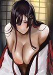  1girl bangs black_hair blush breasts collarbone fate/grand_order fate_(series) hair_ornament japanese_clothes jikihatiman kimono large_breasts leaning_forward long_hair long_sleeves looking_at_viewer miss_crane_(fate) multicolored_hair nipples open_clothes open_kimono purple_eyes red_hair sidelocks smile solo sweat two-tone_hair white_kimono 