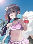  1girl akebono_(kancolle) bare_arms bare_shoulders bell bikini day flower food hair_bell hair_between_eyes hair_flower hair_ornament highres holding holding_food jingle_bell kantai_collection long_hair navel open_mouth palm_tree pink_bikini pink_flower popsicle purple_eyes purple_hair red_scrunchie scrunchie side_ponytail solo swimsuit totoraisu tree upper_body wrist_scrunchie 