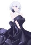  1girl bare_shoulders black_dress blue_eyes breasts cleavage dress earrings hair_ornament hairclip hand_up highres jewelry large_breasts original ring simple_background standing vivid507 white_background white_hair 