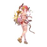  1girl alpha_transparency ass bag bangs belt bikini bikini_skirt blush breasts bridal_garter brown_eyes closed_mouth draph earrings flower front-tie_top full_body granblue_fantasy hair_flower hair_ornament handbag holding holding_sword holding_weapon horns jewelry large_breasts looking_at_viewer looking_back minaba_hideo official_art pointy_ears red_hair sandals sheath short_hair sideboob solo sturm_(granblue_fantasy) swimsuit sword transparent_background underboob unsheathed weapon white_bikini white_flower 