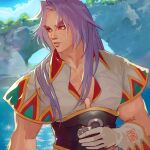  1boy bangs belt chrono_cross cliff fumezu1 gloves hair_over_shoulder highres karsh_(chrono_cross) long_hair looking_to_the_side male_focus multicolored_shirt muscular muscular_male ocean outdoors parted_bangs parted_lips pectorals purple_hair red_eyes short_sleeves solo sparkle thick_eyebrows upper_body white_gloves 