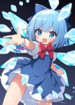  1girl absurdres blue_bow blue_dress blue_eyes blue_hair blue_wings bow breasts cho_kagaku_no_rei_kyoju cirno dress flower hair_bow highres ice ice_wings legs_apart looking_at_viewer medium_hair open_mouth outstretched_arm puffy_short_sleeves puffy_sleeves shirt short_dress short_sleeves sleeveless sleeveless_dress small_breasts smile solo standing touhou white_flower white_shirt wings 