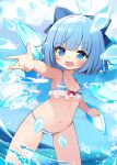  1girl absurdres ass_visible_through_thighs bare_arms bare_shoulders bikini blue_bikini blue_bow blue_eyes blue_hair blue_wings bow breasts cho_kagaku_no_rei_kyoju cirno collarbone day frilled_bikini frills hair_bow highres ice ice_wings legs_apart looking_at_viewer medium_hair micro_bikini navel ocean open_mouth outdoors outstretched_arm small_breasts solo standing stomach striped striped_bikini summer swimsuit touhou wading wings 