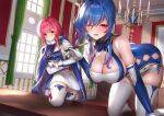  2girls all_fours azur_lane bare_shoulders blue_eyes blush breasts brick_(atelier_brick) cape cleavage cleavage_cutout clothing_cutout desk dress gloves hanging_breasts indoors large_breasts long_hair looking_at_viewer multiple_girls on_desk one_eye_closed open_mouth pen pink_eyes princeton_(azur_lane) purple_eyes red_eyes short_dress smile st._louis_(azur_lane) thighhighs thighs tight tight_dress zettai_ryouiki 