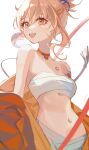  1girl :d absurdres bandages bandeau bangs bare_shoulders blonde_hair breasts chest_sarashi chest_tattoo chinese_commentary choker commentary_request genshin_impact highres medium_breasts midriff navel off_shoulder open_mouth orange_choker sarashi short_hair simple_background smile solo stomach strapless tattoo tube_top upper_body white_background yellow_eyes yoimiya_(genshin_impact) yutou_(yutou75) 