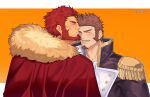 2boys bara beard blush brown_hair cape closed_eyes couple dark-skinned_male dark_skin epaulettes facial_hair fate/grand_order fate_(series) fringe_trim fur-trimmed_cape fur_trim goatee highres interracial iskandar_(fate) jacket leather leather_jacket loboke long_sideburns long_sleeves male_focus mature_male military military_uniform multiple_boys muscular muscular_male napoleon_bonaparte_(fate) open_clothes open_shirt red_cape red_hair short_hair sideburns thick_eyebrows uniform upper_body 