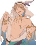  1boy armlet bracelet brown_eyes brown_hair collar earrings gold_collar gran_(granblue_fantasy) granblue_fantasy highres jewelry male_focus mms_gh10 nipple_piercing nipples official_alternate_costume open_mouth panacea_(granblue_fantasy) piercing short_hair simple_background single_earring smile solo white_background 