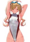  alternate_costume armpits arms_behind_head arms_up azur_lane blonde_hair competition_swimsuit cowboy_shot goggles goggles_on_head highleg highleg_swimsuit leonardo_da_vinci_(azur_lane) long_hair multicolored_clothes multicolored_swimsuit one-piece_swimsuit red_eyes schreibe_shura smile swimsuit twintails wet white_background white_swimsuit 