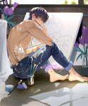  1boy artist_name bangs barefoot blue_pants denim flower full_body holding holding_brush indoors looking_at_viewer looking_back marius_von_hagen_(tears_of_themis) on_floor paint paint_splatter paintbrush painting_(action) painting_(object) pants purple_eyes purple_flower purple_hair short_hair signature sitting solo tang_xinzi tears_of_themis tile_floor tiles toes 