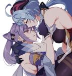  2girls ahoge bare_shoulders black_gloves blue_hair breasts cone_hair_bun detached_sleeves eye_contact ganyu_(genshin_impact) genshin_impact gloves goat_horns hair_bun horns hug keqing_(genshin_impact) long_hair looking_at_another medium_breasts multiple_girls negom one_eye_closed pink_eyes purple_gloves purple_hair red_eyes simple_background twintails white_background yuri 