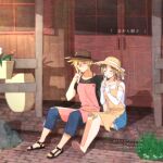  1boy 1girl aerith_gainsborough alternate_costume alternate_hairstyle apron bandaid bandaid_on_knee bandaid_on_leg bangs black_shirt blonde_hair blue_pants blue_shorts blush bow breasts brick brick_floor brown_hair closed_eyes cloud_strife couple dated denim denim_shorts detached_sleeves door drinking final_fantasy final_fantasy_vii final_fantasy_vii_remake full_body grass hair_between_eyes hat hat_bow house krudears medium_breasts orange_apron own_hands_together pants parted_bangs pink_apron planter porch rock sandals shirt short_hair shorts sidelocks sitting spiked_hair straw_hat sweat twitter_username wavy_hair web_address white_shirt window 