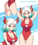  1girl ahoge armpits arms_up artist_name ass ass_visible_through_thighs bare_shoulders breasts cleavage closed_mouth collarbone constricted_pupils covered_navel cowboy_shot cross dashi english_commentary forehead from_side green_hair highres horns large_breasts leotard lifeguard looking_at_viewer medium_hair multicolored_hair multiple_views one-piece_swimsuit one_piece open_mouth original patreon_username red_eyes red_leotard solo streaked_hair swimsuit thigh_gap thighs v-shaped_eyebrows white_hair yamato_(one_piece) 