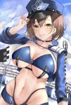  1girl arm_up azur_lane baltimore_(azur_lane) bangs bikini black_bikini black_choker blue_bikini blue_headwear blue_jacket blue_sky braid breasts brown_hair choker cleavage cloud collarbone commentary_request cowboy_shot cropped_jacket day dutch_angle flag french_braid groin hair_between_eyes hat highleg highleg_bikini highres jacket koinowana large_breasts looking_at_viewer mismatched_bikini navel official_alternate_costume open_clothes open_jacket peaked_cap pubic_hair pubic_hair_peek race_queen revealing_clothes short_hair sidelocks skindentation sky smile solo standing stomach sweat swimsuit teeth underboob yellow_eyes 
