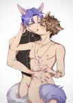 2boys absurdres animal_ears arm_grab bottomless brown_eyes completely_nude cum cum_on_legs eiden_(nu_carnival) fang fox_ears fox_tail heterochromia highres imminent_kiss jewelry kuya_(nu_carnival) light_brown_hair looking_at_another male_focus mole mole_under_eye multiple_boys necklace nipples nu_carnival nude open_mouth purple_eyes purple_hair purple_nails simple_background skin_fang tail white_background yadome810 yaoi yellow_eyes 