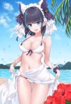  1girl :d adapted_costume animal_ears aqua_hair ass_visible_through_thighs azur_lane beach bikini black_hair blue_eyes blue_sky blush breasts cheshire_(azur_lane) cheshire_(summery_date!)_(azur_lane) cleavage clothes_lift commentary cowboy_shot day fake_animal_ears fang flower frilled_cuffs frills hibiscus lifted_by_self looking_at_viewer maid_headdress medium_breasts medium_hair multicolored_hair navel official_alternate_costume open_mouth outdoors sarong sarong_lift side-tie_bikini sky smile solo standing stomach streaked_hair swimsuit thigh_gap tu_(to_sse) two-tone_hair water_drop white_bikini white_sarong wrist_cuffs wristband 