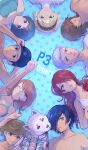  4girls 5boys :d ;) aegis_(persona) amada_ken aqua_bikini aragaki_shinjirou arm_up bare_arms baseball_cap beard bikini black_hair black_headwear blonde_hair blue_background blue_eyes blue_hair brown_eyes brown_hair closed_mouth collarbone colored_sclera copyright_name dog facial_hair flower from_above grey_hair hair_over_one_eye hat hibiscus highres iori_junpei kirijou_mitsuru koromaru_(persona) long_hair looking_at_viewer lying multiple_boys multiple_girls on_back one_eye_closed persona persona_3 pink_bikini polka_dot polka_dot_background rasneko red_eyes red_flower red_hair red_sclera ribbon sanada_akihiko shiny shiny_hair shirt short_hair smile spaghetti_strap straight_hair swimsuit takeba_yukari twitter_username upper_body very_short_hair white_bikini white_ribbon white_shirt yamagishi_fuuka yuuki_makoto 