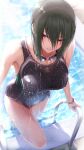  1girl absurdres bangs bare_arms bare_legs black_swimsuit bracelet breasts brown_hair collarbone competition_swimsuit green_eyes hair_between_eyes highres jewelry large_breasts long_hair one-piece_swimsuit original parted_lips pool_ladder poolside shiny shiny_hair solo straight_hair swimsuit takagi_mitsukuni wet wet_hair 