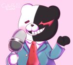  2019 ambiguous_gender anthro artist_name black_body black_nose blush cakepie11 clothed clothing danganronpa digital_media_(artwork) fully_clothed genetic_chimerism grin half-length_portrait holding_microphone holding_object male_(lore) mammal microphone monokuma multicolored_body necktie pink_background portrait red_eyes shirt simple_background smile solo split_color suit teeth topwear two_tone_body ursid ursine white_body 