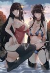  2girls absurdres after_fellatio bangs black_garter_straps black_hair black_thighhighs blue_bra blue_panties blunt_bangs bra breasts bukkake collar condom condom_belt condom_box condom_in_clothes cum cum_on_body cum_on_breasts cum_on_clothes cum_on_legs green_eyes hair_ornament highres hime_cut hinoa huge_breasts inverted_nipples large_areolae leotard lingerie long_hair minoto monster_hunter_(series) monster_hunter_rise multiple_girls navel nursing_bra onsen panties phantasmaliagon pointy_ears red_leotard siblings sisters slit_pupils standing standing_on_one_leg strapless strapless_leotard stray_pubic_hair thighhighs tray twins underwear very_long_hair wading water 