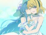  2girls :d bare_arms black_choker black_hairband blonde_hair blue_flower blue_hair breasts choker cleavage closed_eyes collarbone dress fang floating_hair flower furude_rika gem green_gemstone hairband hat hat_flower higurashi_no_naku_koro_ni holding holding_flower houjou_satoko kiss kissing_cheek long_hair medium_hair multiple_girls purple_eyes purple_flower shiny shiny_hair skin_fang sleeveless sleeveless_dress small_breasts smile sun_hat sundress usamin_(artist) very_long_hair white_dress white_headwear yuri 