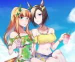  2girls absurdres air_groove_(umamusume) alternate_costume animal_ears aqua_eyes bangs bare_shoulders blue_eyes blue_shorts blue_sky blunt_bangs bow bracelet breasts brown_hair cloud collarbone commentary_request cowboy_shot crop_top cup day disposable_cup drinking_straw ear_bow ear_covers eyeshadow flat_chest floral_print frilled_swimsuit frills green_swimsuit groin hair_between_eyes hairband highres hime_cut holding holding_cup horse_ears horse_girl horse_tail jewelry long_hair looking_at_viewer makeup medium_breasts midriff multiple_girls navel necklace off-shoulder_one-piece_swimsuit off-shoulder_shirt off_shoulder orange_hair parted_lips ponytail puffy_short_sleeves puffy_sleeves purple_eyes red_eyeshadow sarong shirt short_hair short_sleeves shorts sidelocks silence_suzuka_(umamusume) sitting sky stomach sugamo_(rainysnowy108) swimsuit tail umamusume white_hairband yellow_bow yellow_shirt 