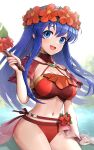  1girl :d arm_support bikini blue_eyes blue_hair blush breasts cleavage commentary fire_emblem fire_emblem:_the_binding_blade fire_emblem_heroes flower gloves gonzarez hair_flower hair_ornament hand_up hat head_wreath headband highres holding large_breasts lilina_(fire_emblem) looking_at_viewer navel official_alternate_costume open_mouth red_bikini red_flower revision smile solo stomach swimsuit thighs water 