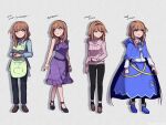  1girl apron bare_arms black_footwear black_pants blue_skirt brown_footwear brown_hair cape capelet cleavage_cutout clothing_cutout commentary dress english_commentary english_text expressionless frown full_body green_apron grey_background hairband long_hair long_sleeves meme_attire multiple_views open-chest_sweater original pants purple_dress purple_eyes ribbed_sweater shoes simple_background skirt speckticuls sweater 