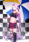  1girl alternate_costume chaldea_logo fate/grand_order fate_(series) forehead long_hair looking_at_viewer medusa_(fate) midriff minami_koyogi navel pink_eyes pink_hair smile solo stomach umbrella very_long_hair 