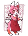  &lt;3 &lt;3_eyes ambiguous_gender anthro apron artfight cheek_tuft clothing digitigrade dipstick_ears eyelashes facial_tuft fur gloves_(marking) hand_on_cheek head_tuft heart_tail hearts_around_head hi_res lagomorph leg_markings leporid mammal markings multicolored_ears muzzle_(object) orange_eyes pink_body pink_fur pockets rabbit red_apron red_clothing signature simple_background socks_(marking) solo spookberry tuft white_ear_tips 