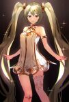  1girl armlet bare_shoulders black_background brown_eyes closed_mouth dress gold_bowtie gold_choker gold_trim gramophone_miku green_hair hair_ornament hatsune_miku highres long_hair miku_symphony_(vocaloid) see-through see-through_dress single_thighhigh smile solo sparkle strapless strapless_dress tananuki thighhighs thighlet twintails very_long_hair vocaloid white_dress white_thighhighs 